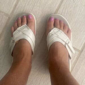 White comfortable sandals. Gray sole. Velcro to adjust. Like new